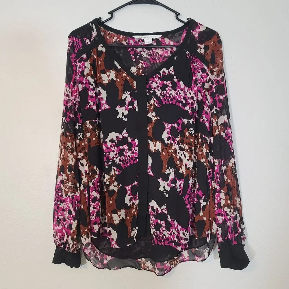 Diane Von Furrstenberg Lorelai Print Chieff In Cheetah Splash Pink Blouse 10 - Picture 2 of 11